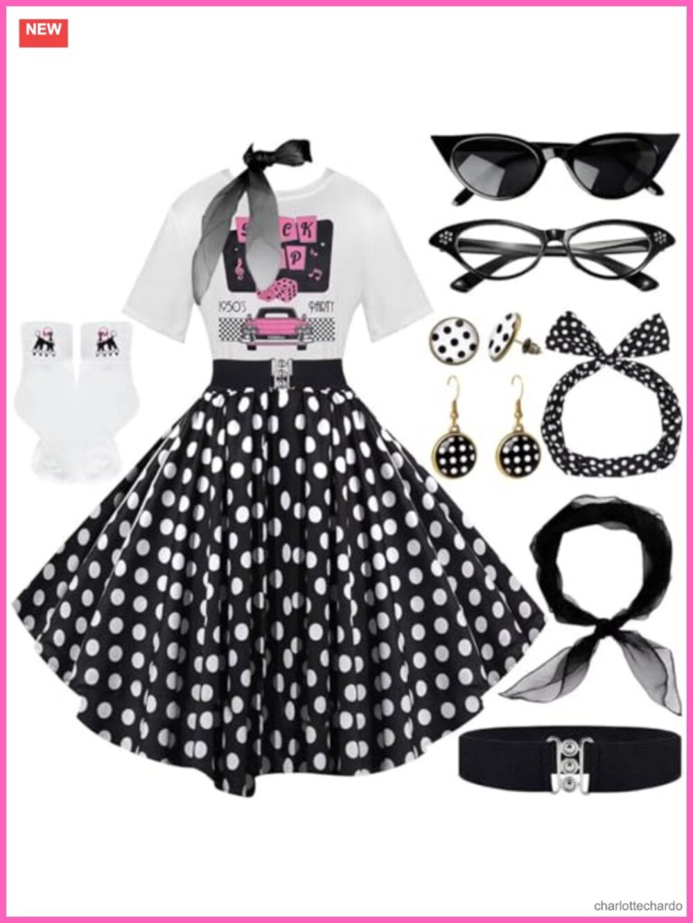 1950s Sock Hop Costume Set Poodle Skirt T-Shirt Belt Scarf Adult